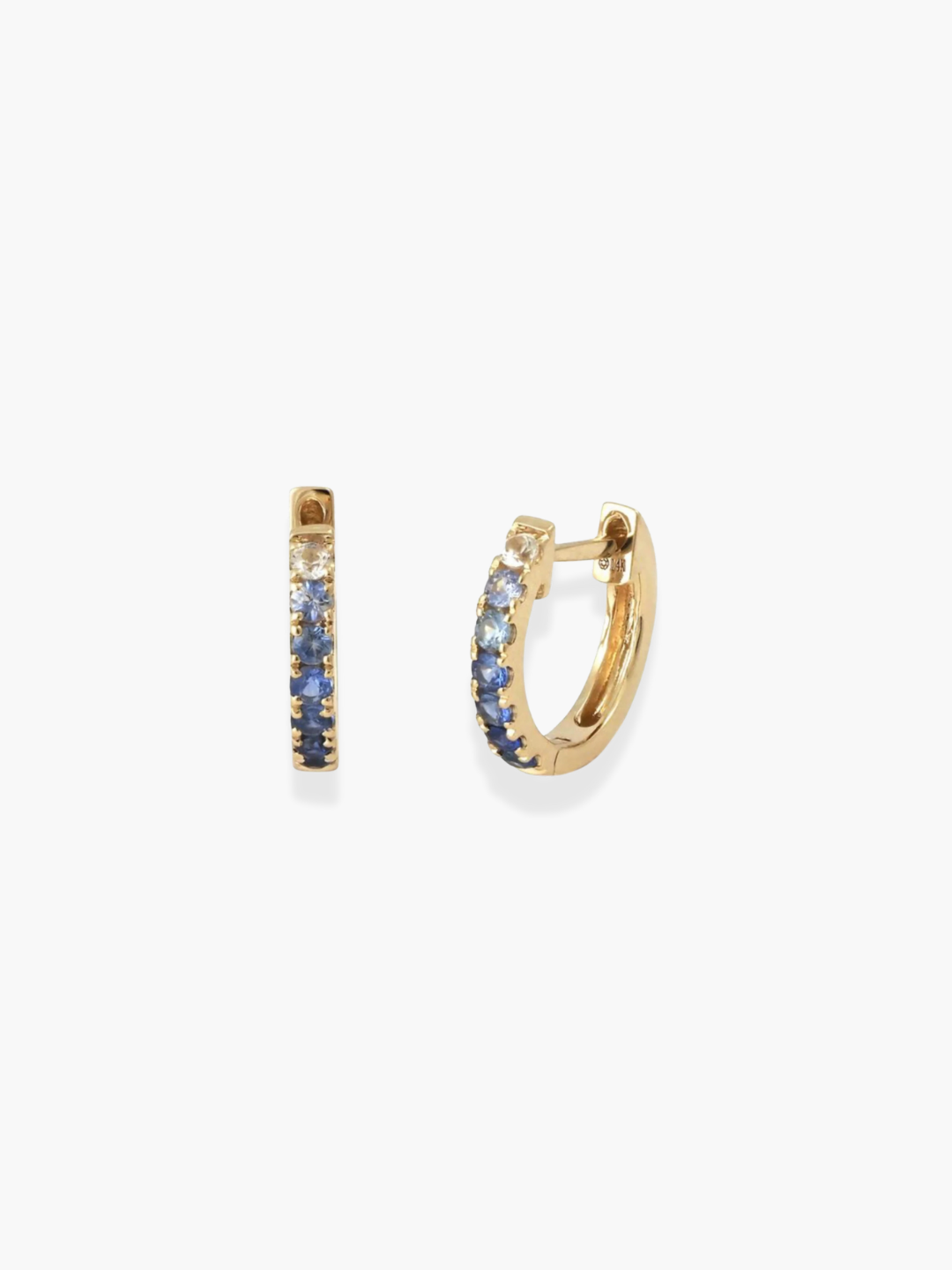 14k Yellow Gold Blue Sapphire Ombre Diamond Huggie Earrings