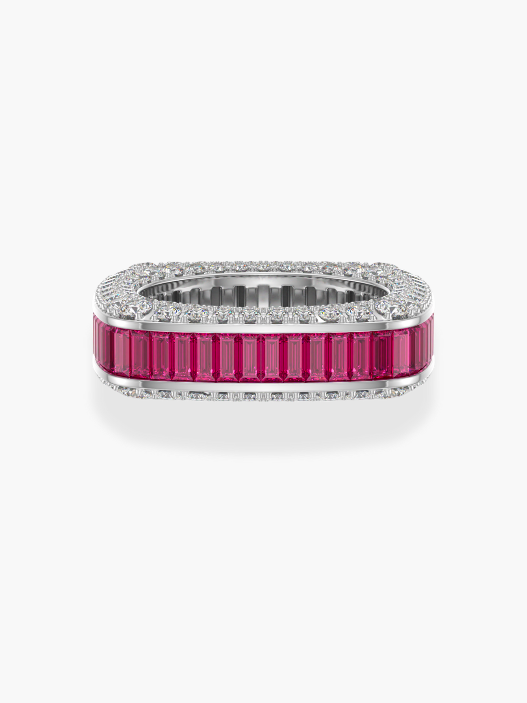 18k White Gold Squared Shape Diamond and Ruby Eternity Band Ring
