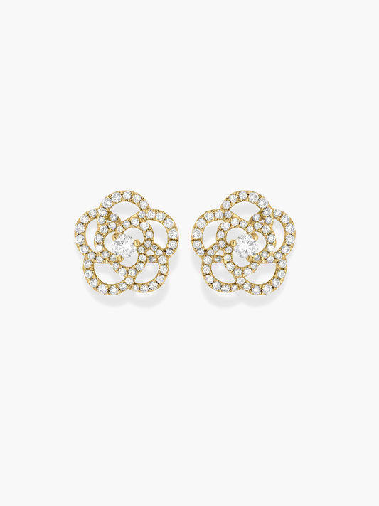 18k Yellow Gold Diamond Flower Shaped Earrings - Medium