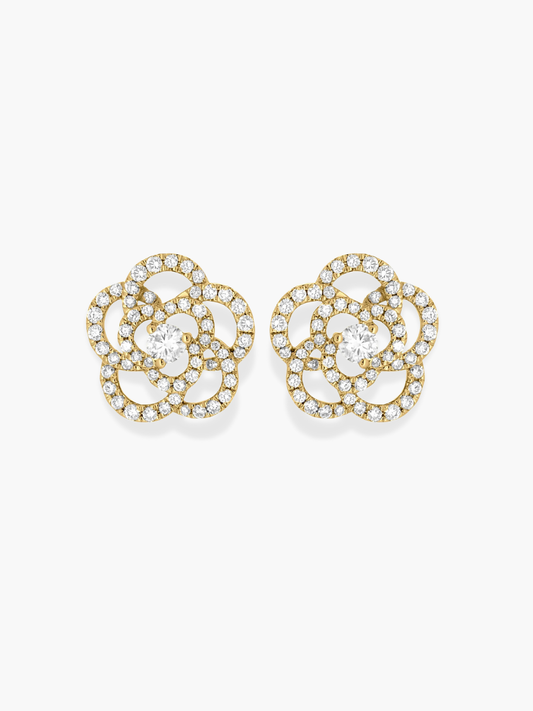 18k Yellow Gold Diamond Flower Shaped Earrings - Large