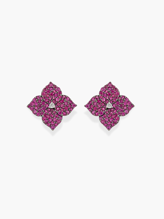18k Small Diamond and deep pink sapphire Earrings