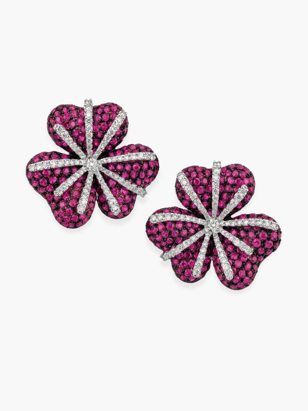 18k Diamond and Ruby Flower Shaped Statement Earrings