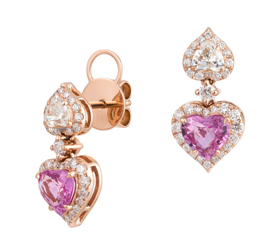 18K Rose Gold Diamond and Pink Sapphire Heart-Shaped Earrings