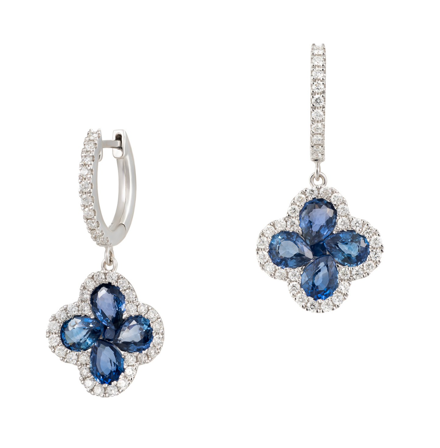 18K White Gold Diamond and Blue Sapphire Dangling Earrings