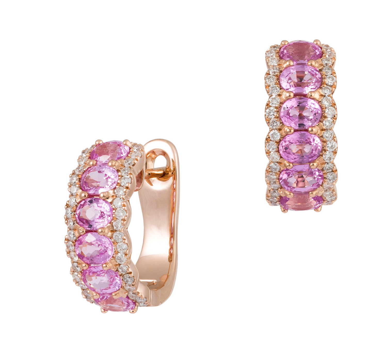 18K Rose Gold Diamond and Pink Sapphire Hoops