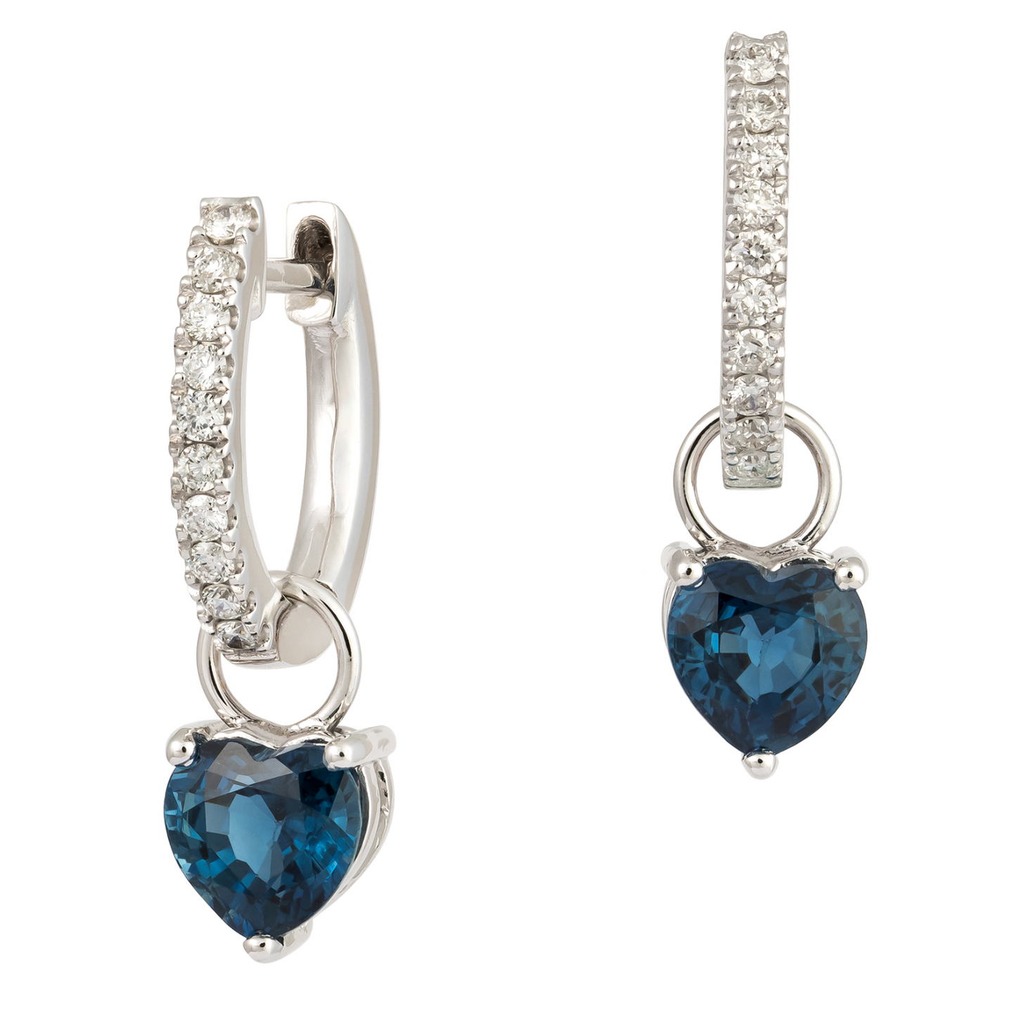 18K White Gold Diamond and Blue Sapphire Heart-Shaped Earrings