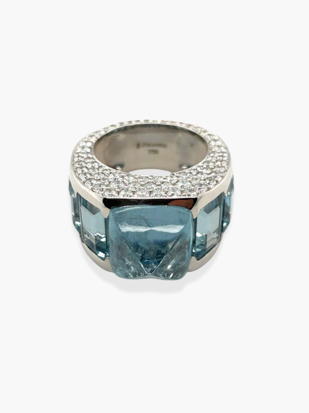 18k White Gold Diamonds and Aquamarine Sugarloaf Piranesi Ring