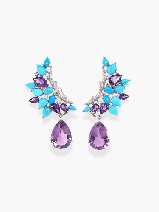 18k White Gold Turquoise and Amethyst Climbers Earrings