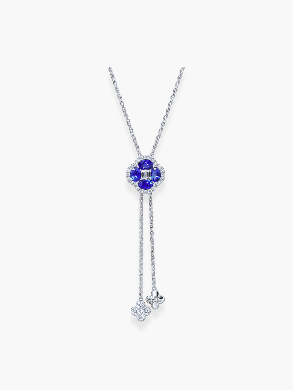 18k White Gold Diamond and Blue Sapphire Flower Shaped Lariat Necklace