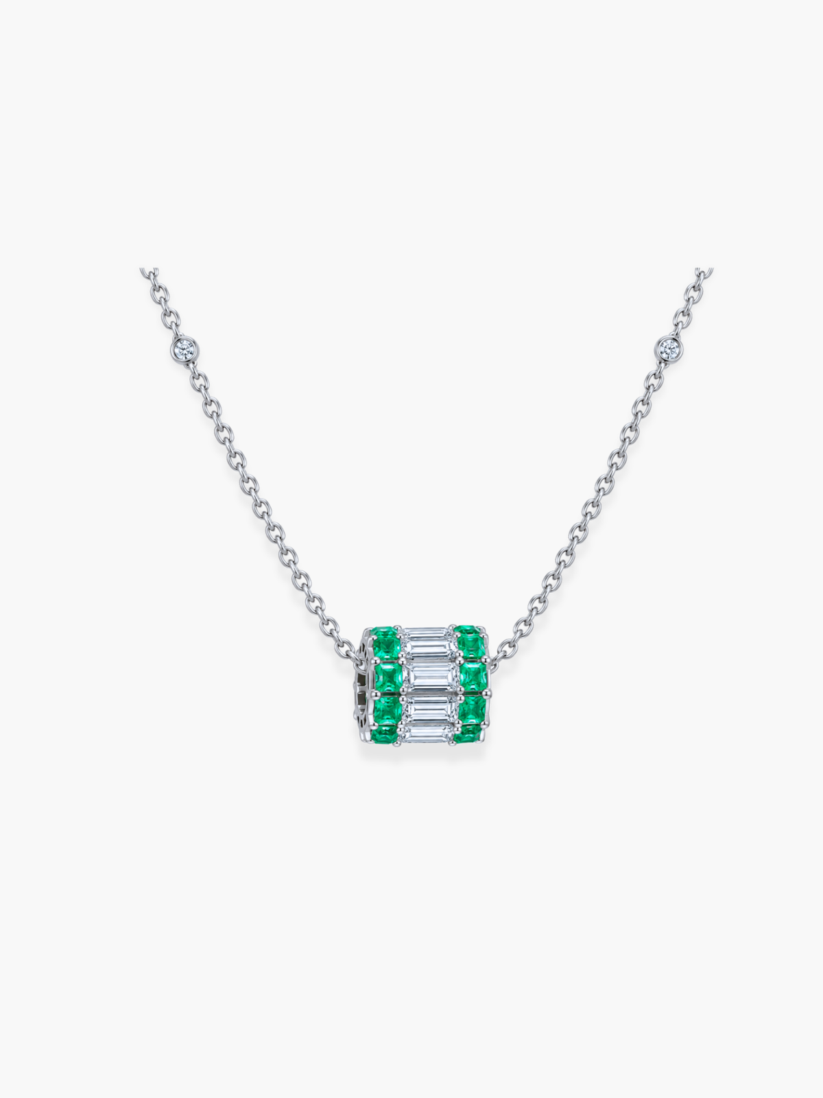18k White Gold Diamond and Emerald Chain by the Yard Pendant Necklace