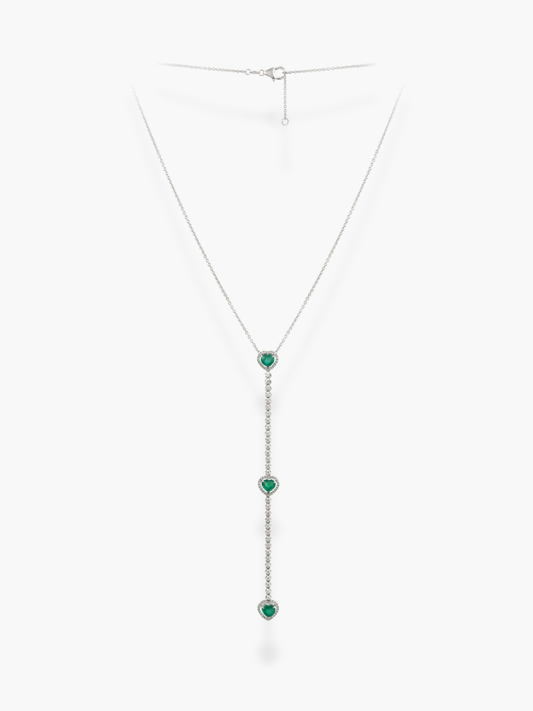 18K White Gold Diamond and Emerald Hearts Shaped Necklace