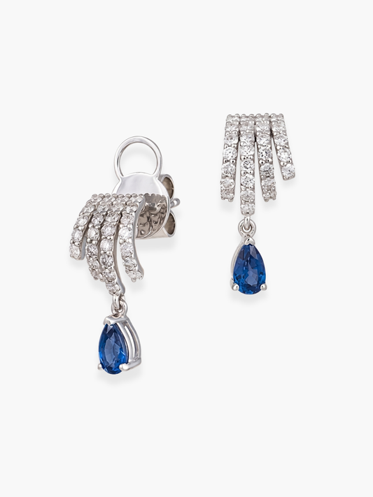 18k White Gold Diamond and Blue Sapphire Dangling Earrings