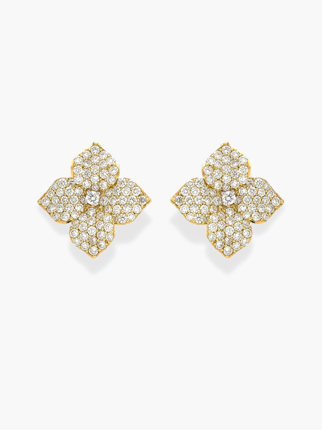 18k Large Yellow Gold Diamond Flower Studs Earrings