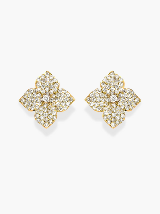 18k Large Yellow Gold Diamond Flower Studs Earrings