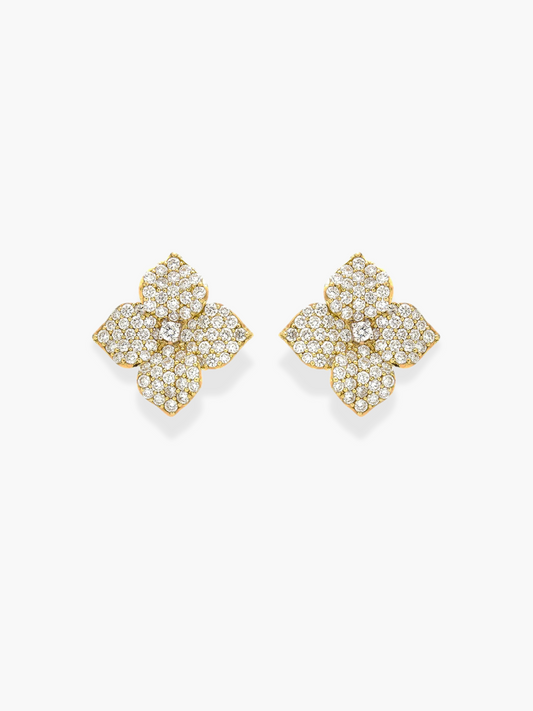 18k Small Yellow Gold Diamond Flower Studs Earrings