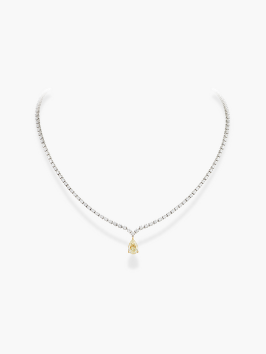 18k White Gold Diamond and Fancy Yellow Pear Shaped Stone Necklace