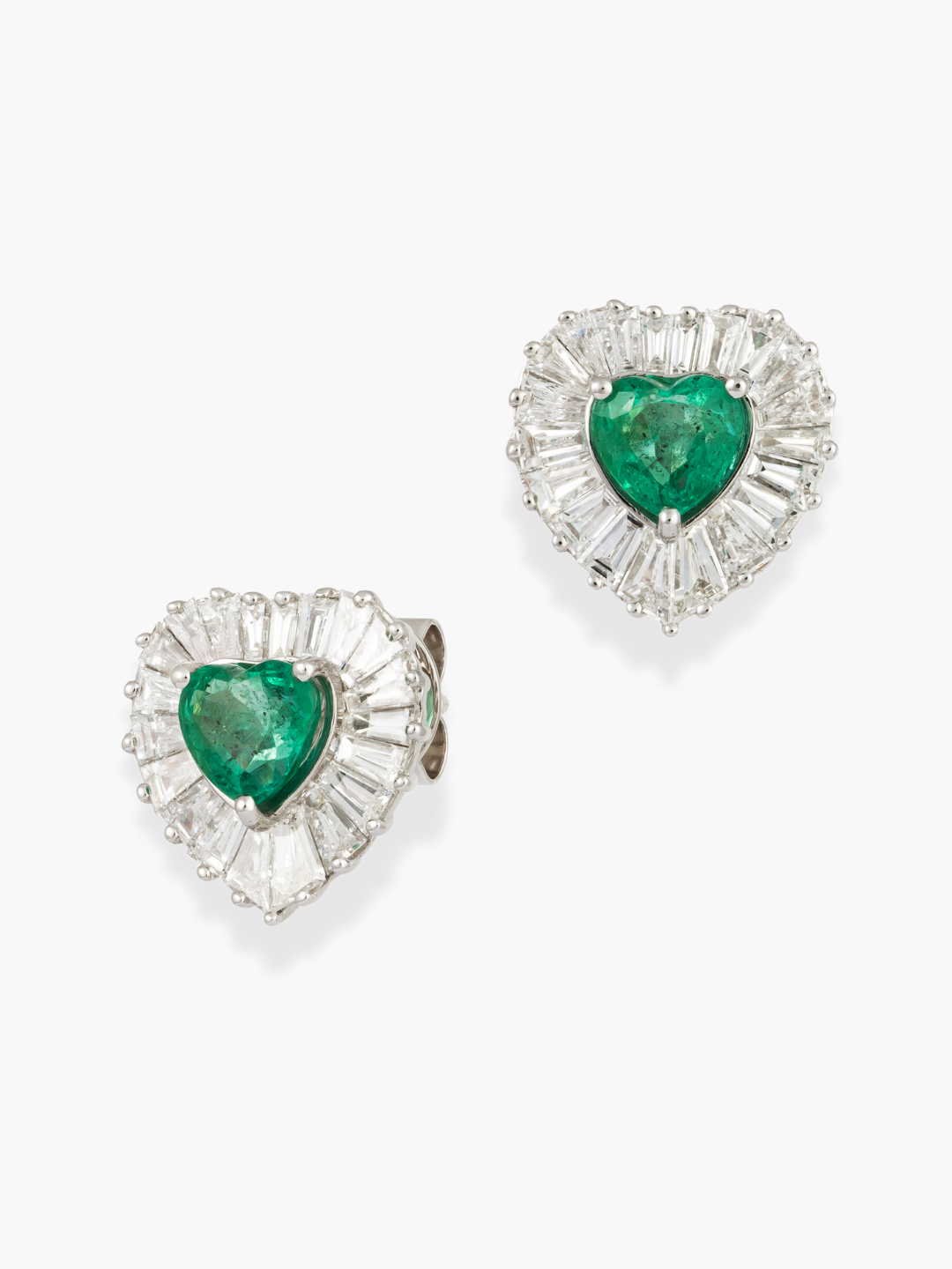 18k White Gold Diamond and Emerald Heart Shaped Earrings