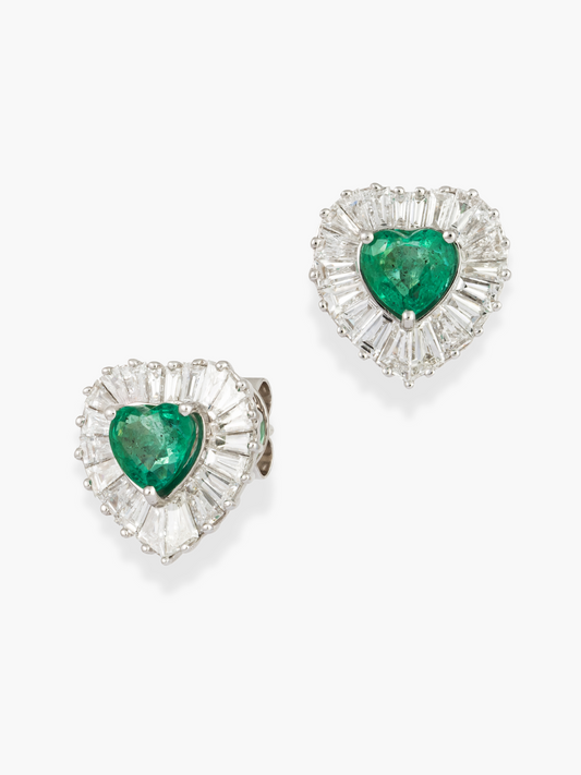 18k White Gold Diamond and Emerald Heart Shaped Earrings