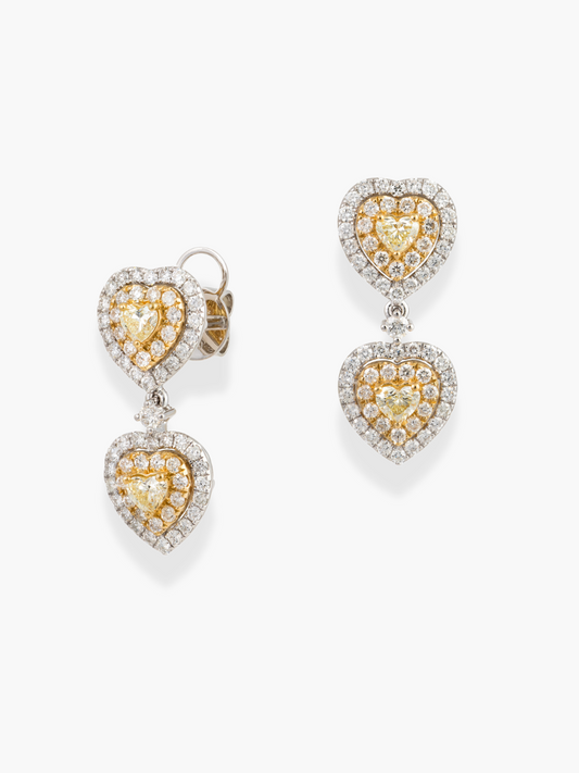 18K White Gold Double Heart Yellow Diamond Earrings