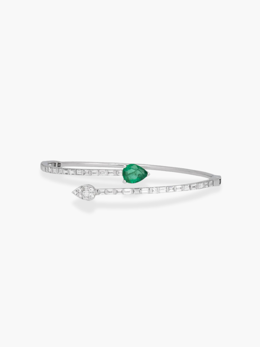 18k white gold diamond snake shaped emerald bangle