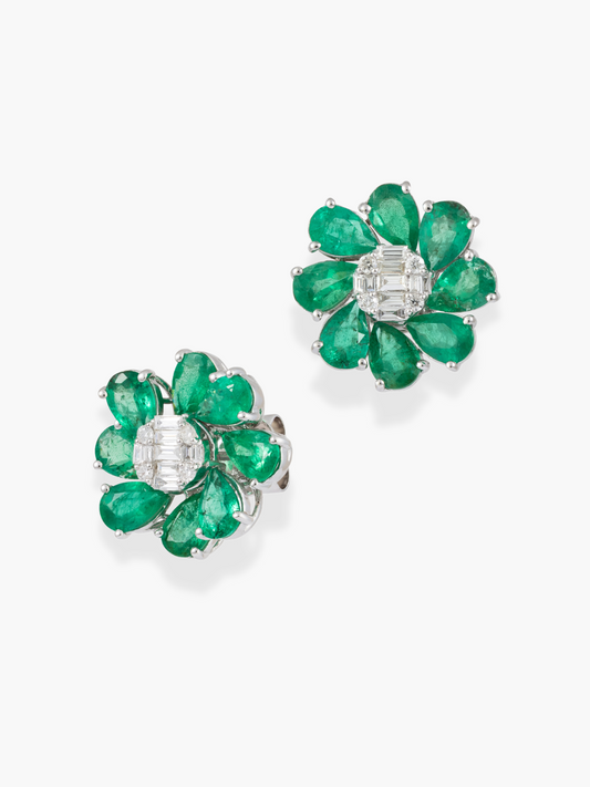 18K White Gold Diamond and Emerald Earrings