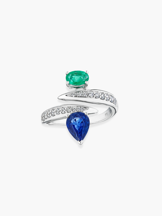 18k White Gold Diamond Blue Sapphire and Emerald Ring
