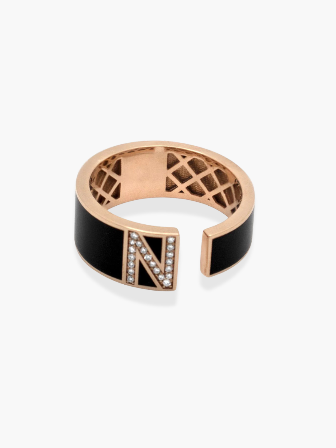 18k Rose Gold and Black Enamel Initial N Ring