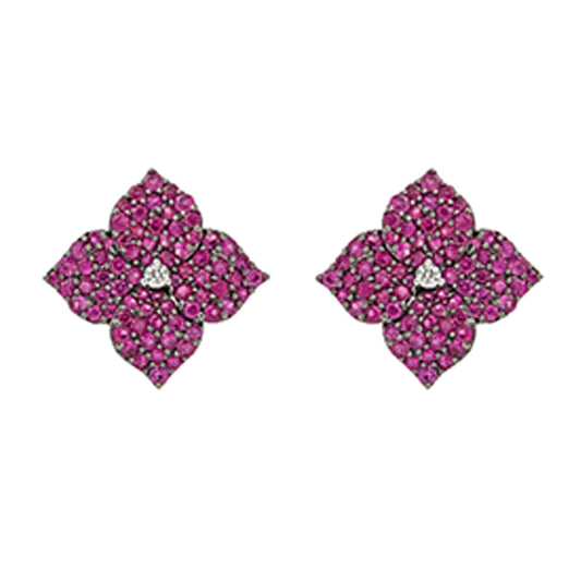 18k Small Diamond and deep pink sapphire Earrings