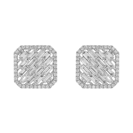 18k white gold squared shaped with baguettes earrings