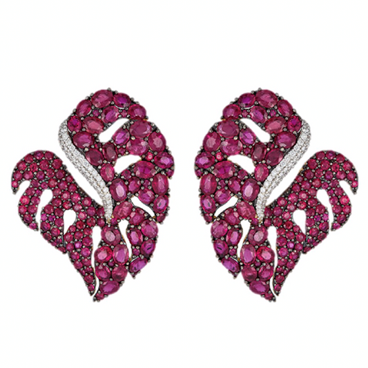 18K white gold diamond and ruby leaf shaped earrings