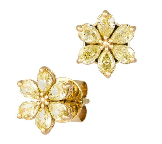 18k Yellow Gold fancy yellow diamond flower shaped earrings