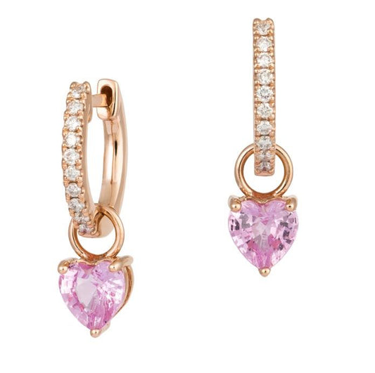 18k rose gold diamond and pink sapphire heart shaped hoop earrings